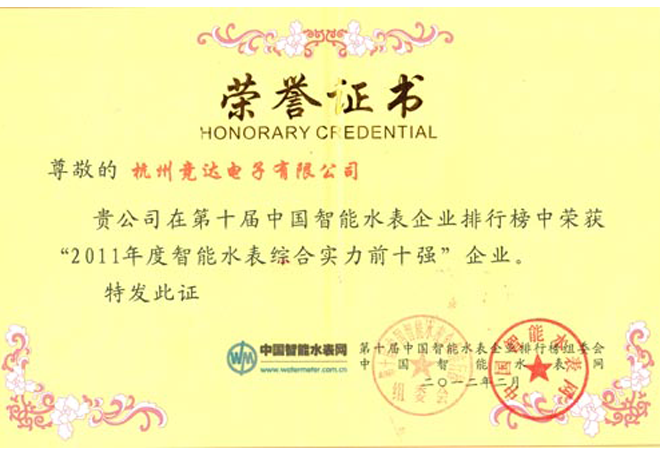 智能水表綜合實力前十強(qiáng)榮譽(yù)證書